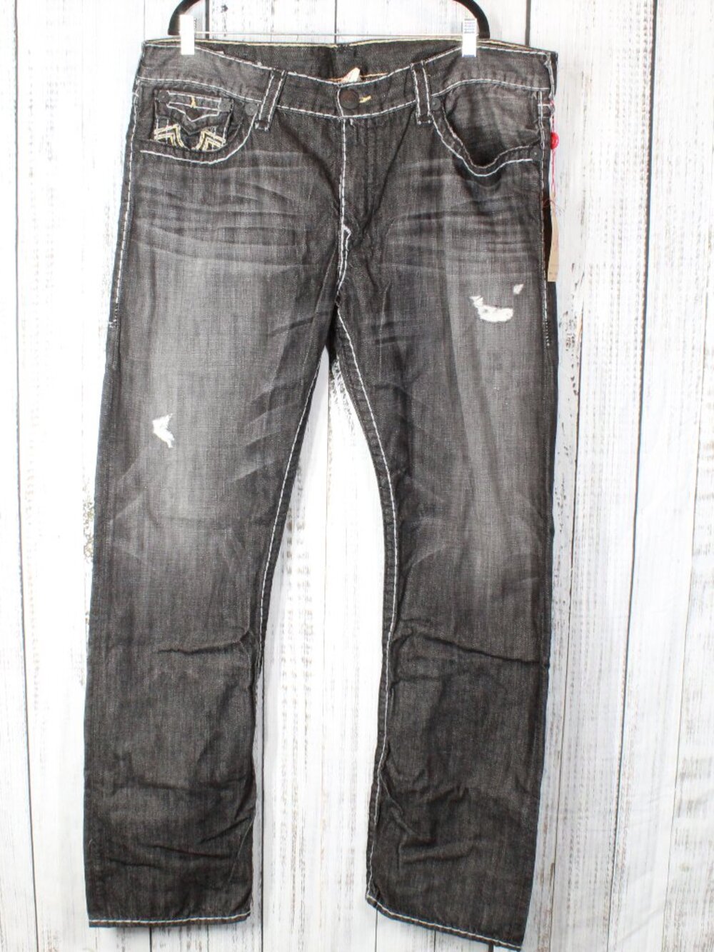 True Religion Ricky Super T Black Grey Jeans Size 42 White Yellow Stitch NWT
